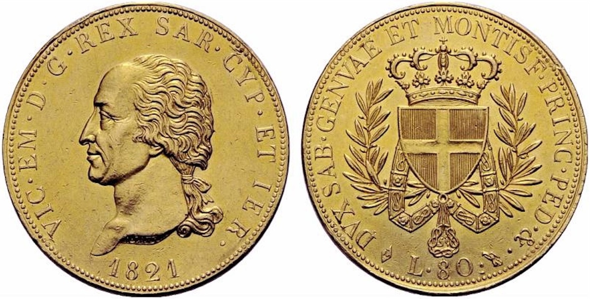 REGNO DI SARDEGNA - Vittorio Emanuele I, 1802-1821. - 80 Lire 1821 Torino